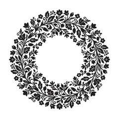 Obraz premium Black floral wreath circular frame with leaves and flowers