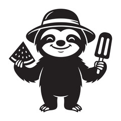 Fototapeta premium Cute cartoon sloth wearing a hat with watermelon and popsicle