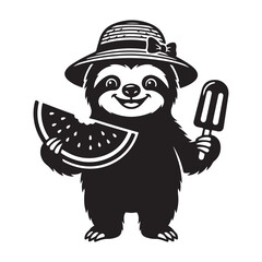 Fototapeta premium Cute sloth wearing a sun hat holding watermelon and popsicle