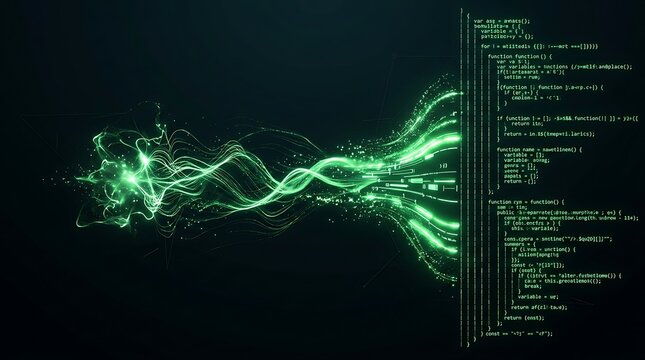 Abstract digital code and green energy waves on dark background