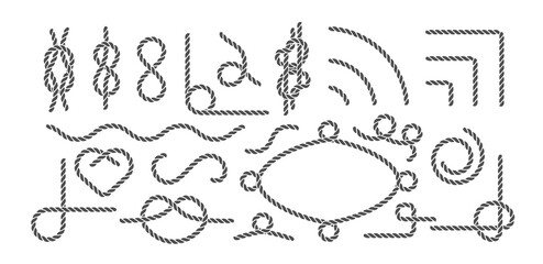 Nautical rope borders with sailor knots and marine decorative elements. Vintage western rope patterns perfect for pirate badges and sea-themed designs. Vector illustration. © Arina