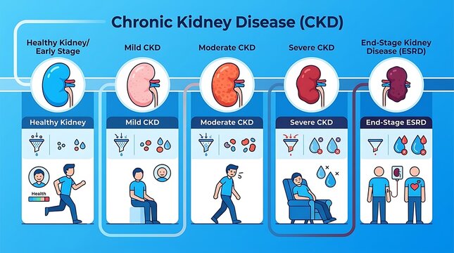 Chronic kidney disease progression infographic with medical stages