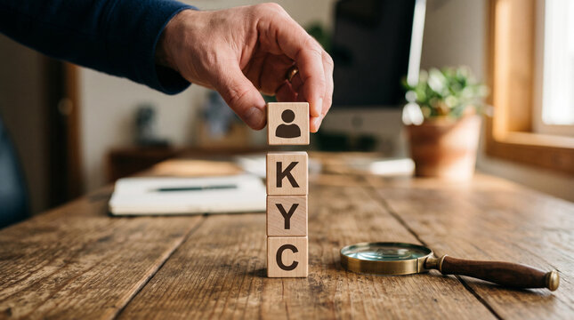 Hand placing wooden block to complete KYC stack on wooden table.