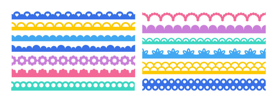 Vector lace border featuring scalloped patterns and decorative trim perfect for frames, ribbons, and elegant design elements with seamless vintage textile texture. Color vector illustration.