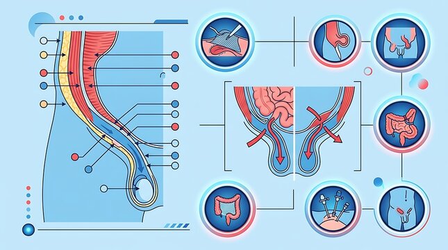 Medical infographic of abdominal anatomy and hernia repair