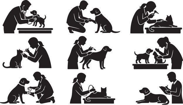 Black silhouette icons of people grooming dogs and cats, pet grooming illustrations, veterinary care symbols, 10 icons set