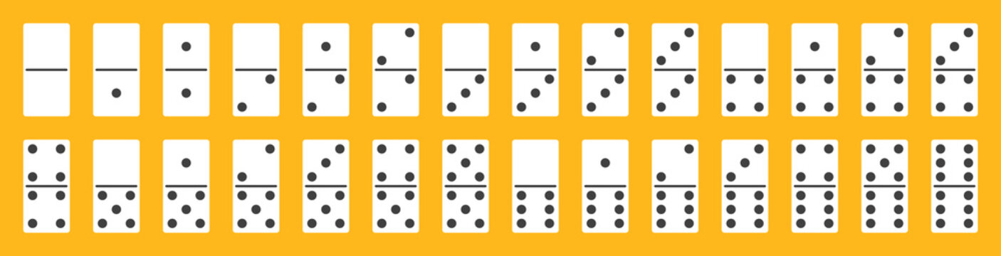 classical domino 28 bones full set, 2 rows by 14 white stones with black dots, mobile app or web page online game design element template