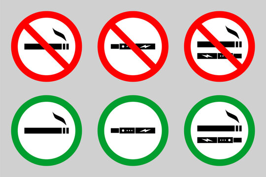 no smoking and no vaping zone red circle sign, green allowed round vector icon, 3 pictogram collection
