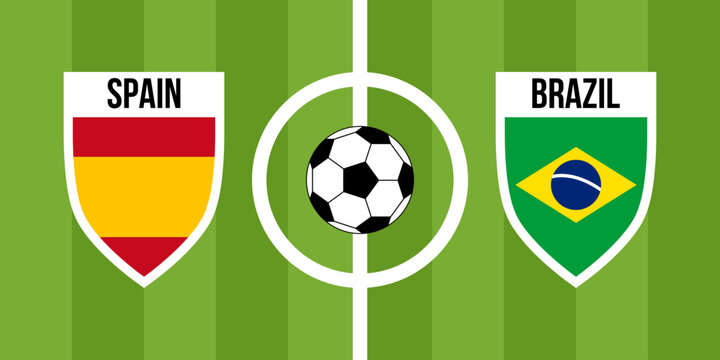 spain vs brazil teams shield shaped national flags, international teams game announcement, championship final game poster