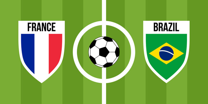 france vs brazil teams shield shaped national flags, international teams game announcement, championship final game poster