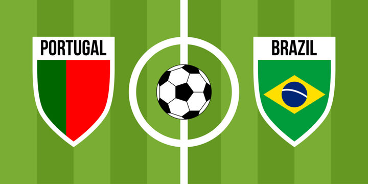portugal vs brazil teams shield shaped national flags, international teams game announcement, championship final game poster