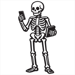 Fototapeta premium Skeleton holding a smartphone and a notebook in a modern setting