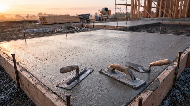 Concrete slab foundation construction with finishing tools at sunset