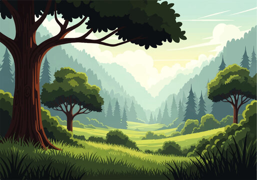 Serene mountain valley landscape with lush green hills and trees in a charming vector flat design illustration style