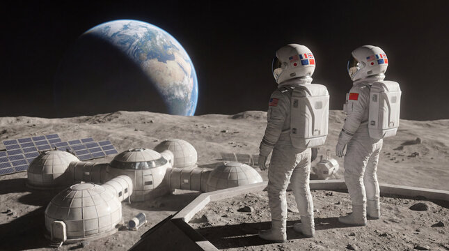 Two astronauts standing on the moon surface looking at earth