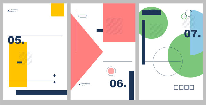 Set of three abstract geometric posters with numbers 05, 06, 07, modern minimalist graphic design template with shapes and lines. Vector illustration.