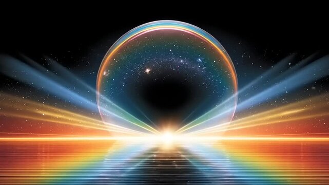 Celestial sphere emitting rainbow light over reflective surface against dark void