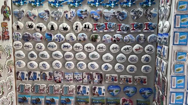 Cyprus, Larnaca, Souvenirs from Cyprus. A souvenir shop window with magnets. Memories of the island, various drawings