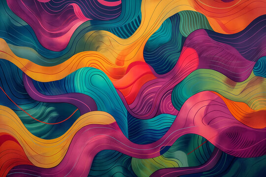 Colorful abstract background with fluid wavy patterns, vibrant multi color psychedelic waves, and elegant line art textures