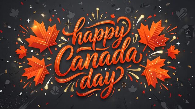 Calligraphic Happy Canada Day text with vibrant orange maple leaves on dark background.