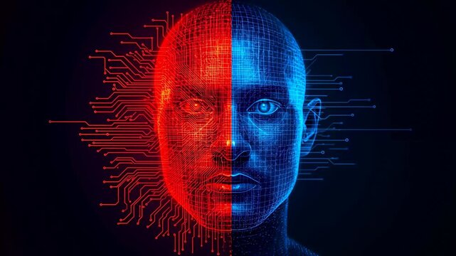 Digital human face transitioning from blue to red with circuit patterns, showcasing the blend of technology and humanity in a futuristic visual representation