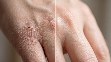 Fototapeta premium Dry hand, cracked skin, rough texture, and visible dryness on one side contrast with hydrated, smooth, healthy skin on other, showing dramatic transformation and improvement