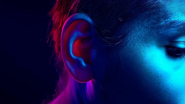 Close-up of a human ear illuminated by colorful lighting, showcasing the intricate details of skin texture and hair against a dark background