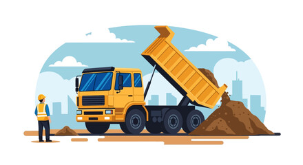 Naklejka premium Yellow dump truck with worker nearby.
