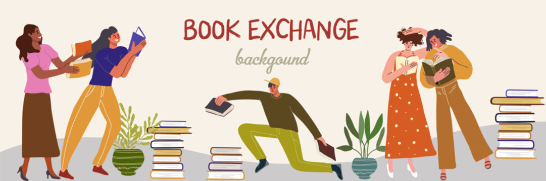 Horizontal banner book exchange. Vector flat, hand drawn illustration.
