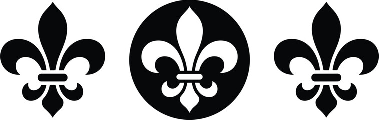 Elegant black and white fleur-de-lis lily symbols represent royal heritage and classic French heraldry on a white background. ©  Victory Pixel