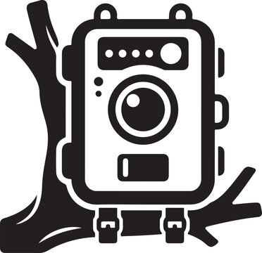 Trail camera silhouette with tree branches on a white background for wildlife observation
