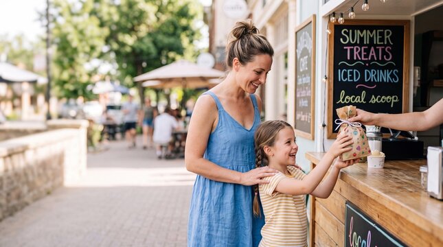 A mother and daughter are happily purchasing summer treats and iced drinks from a local ice cream vendor on a sunny day, experiencing the joy of a simple outing.