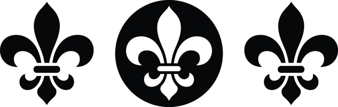 Elegant black and white fleur-de-lis lily symbols represent royal heritage and classic French heraldry on a white background.
