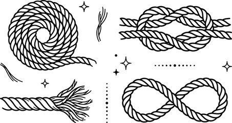 Nautical rope elements and marine knot line icon set with coil infinity loop and frayed cord © AKTAR