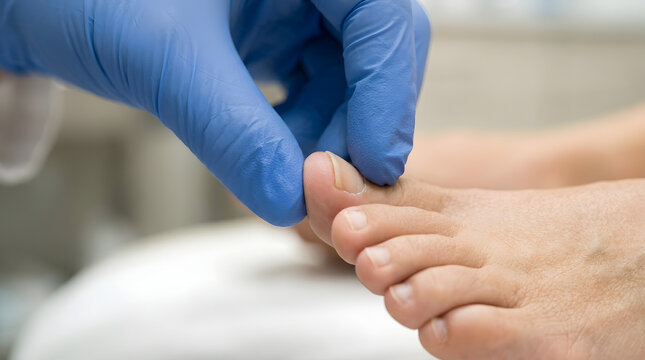 Close-up of a podiatrist checking and examining a patient's big toe and nail during a physical foot examination