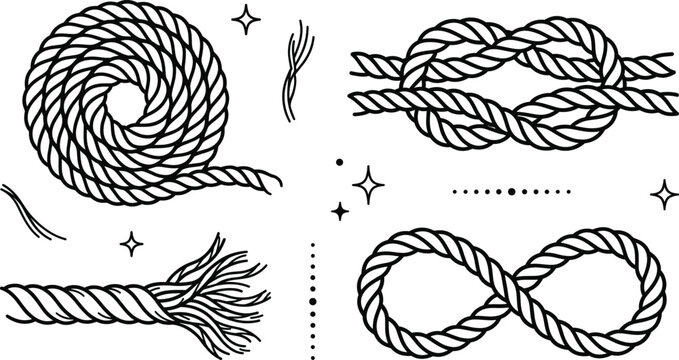 Nautical rope elements and marine knot line icon set with coil infinity loop and frayed cord