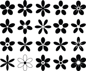 Fototapeta premium Diverse set of twenty minimalist black flower silhouette icons arranged in a grid on a white background for modern graphic design.