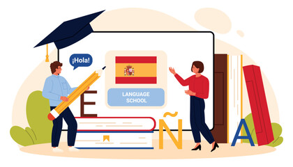 Spanish language school concept with teacher, student, books, Spain flag and hola speech bubble, promoting online Spanish course and education, isolated on white background vector illustration © Flash Vector