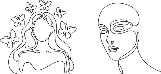 Minimalist continuous line drawing of a serene woman with flying butterflies and a modern female face profile portrait. ©  Victory Pixel