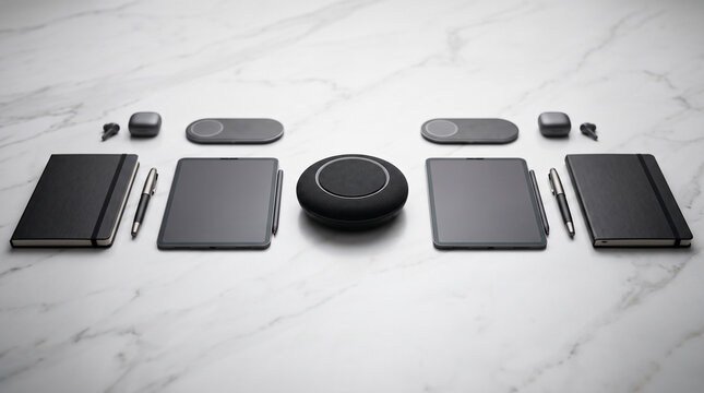 Professional set of sleek black electronic devices and stationery for productivity on white marble surface