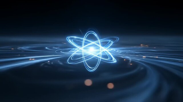 Luminous atomic structure visualization with energy trails in dark environment