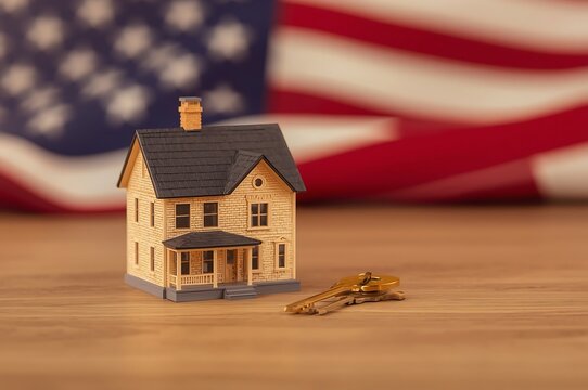 Miniature house model with set of keys and american flag background miniature property mortgage ownership american investment building residential purchase architecture security business