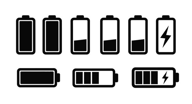 Battery level indicator icons showing various charge states from empty to full including charging status with lightning bolt symbol in black silhouette.