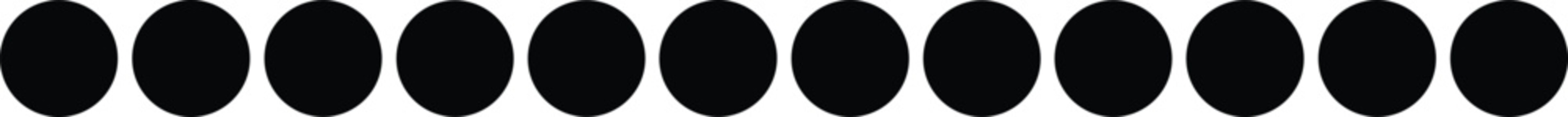 A minimalist row of twelve black solid circles arranged horizontally on a clean white background, ideal for modern graphic design.
