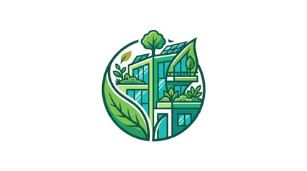 Obraz premium Green building with plants and leaves symbol.