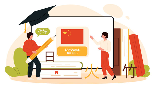 People studying Chinese language at school with books, characters and national flag on screen, modern education and foreign course concept, isolated on white background vector illustration