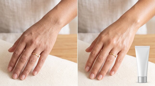 Hand serum treatment for Middle Eastern skin, showing before and after results with improved hydration and smooth texture, featuring moisturizing cream tube on neutral background