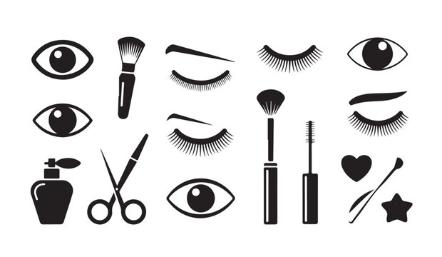 Makeup and eye beauty salon icons set with brushes lashes and professional makeup tools.