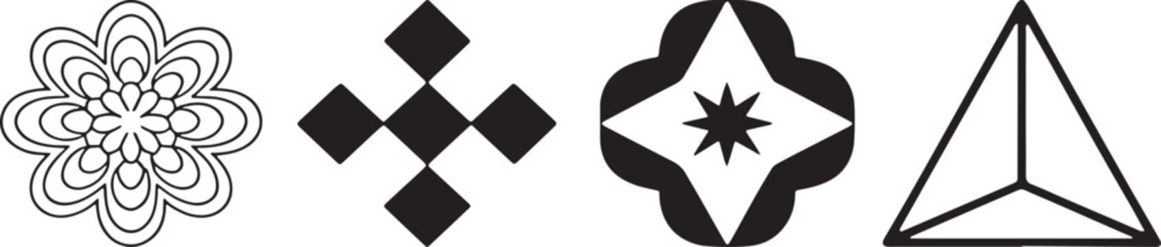 Geometric shape icons set featuring floral mandala, diamond pattern, four-point star and triangle and sharp edges, rounded shapes