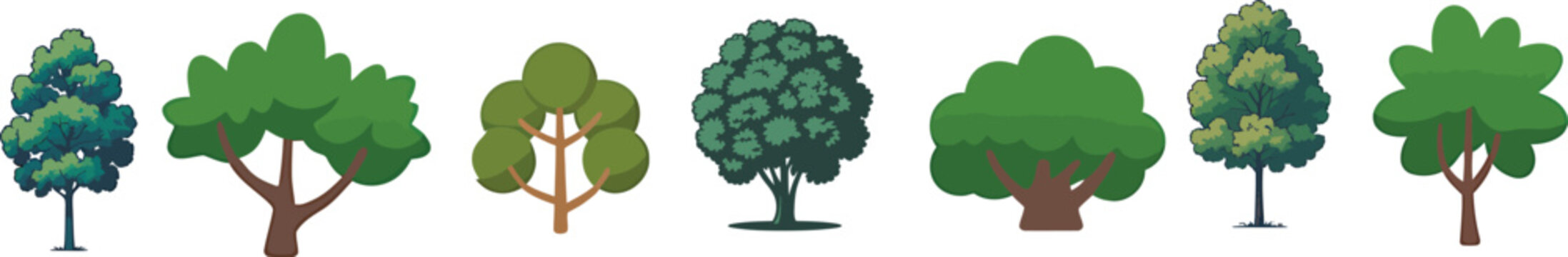 Green forest trees icons set featuring various botanical foliage shapes and branch structures and plants, leaf, and trunk